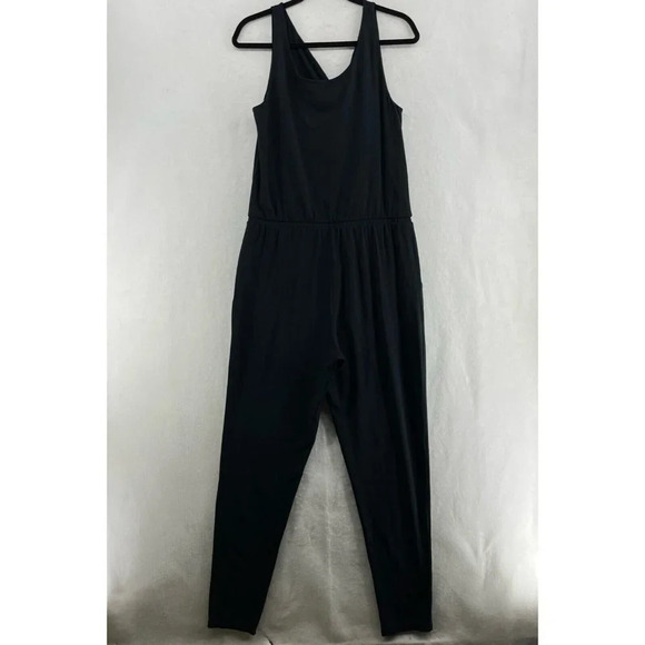 Garnet Hill Jumpsuit Women's Sz 8 Black Round Neck Wide Strap Tapered Stretch - Picture 2 of 12